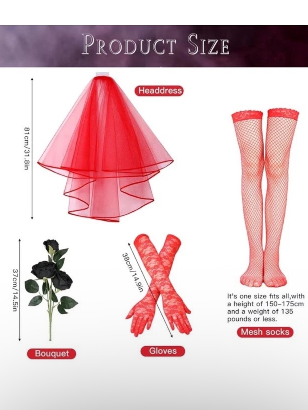Red Bridal Veil Set with Lace Gloves & Fishnet Socks